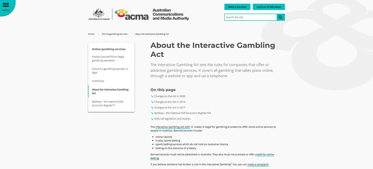 ACMA interactive gambling guidance explaining prohibited online casino services