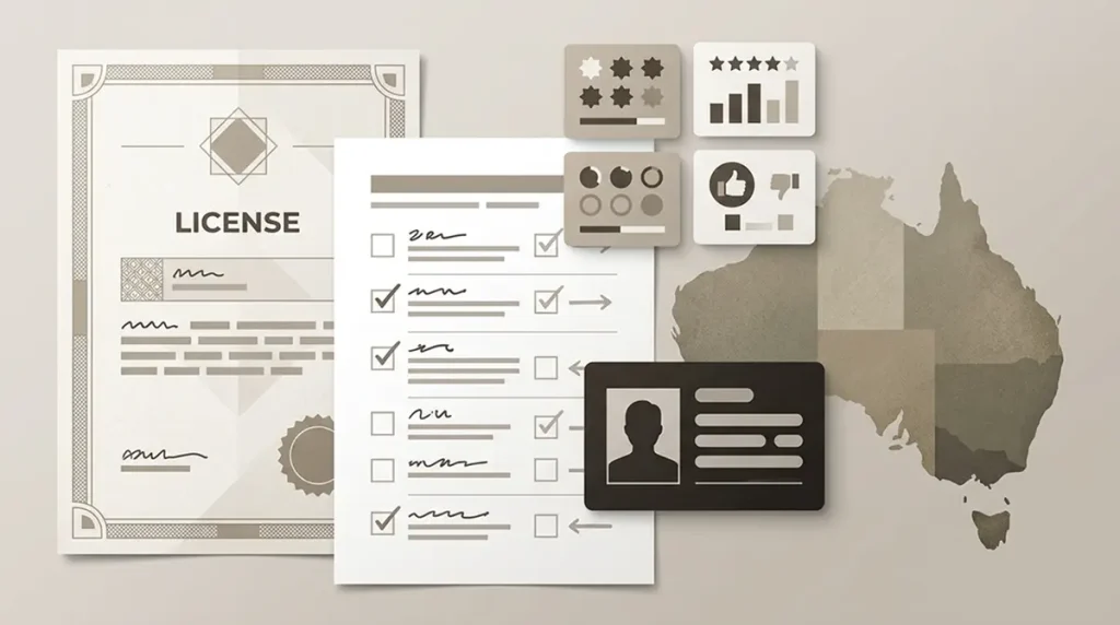 Editorial due diligence illustration comparing operator, licence, policy and user review evidence