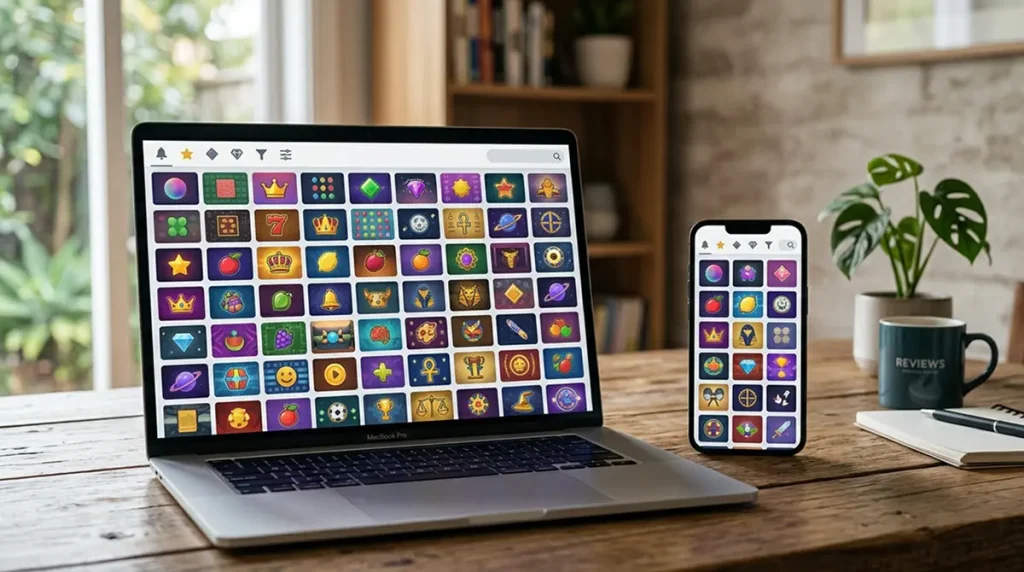 Editorial illustration of a large online pokies library on desktop and mobile screens