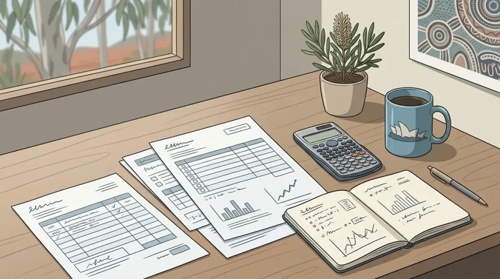 Editorial illustration of Australian gambling records and tax documents