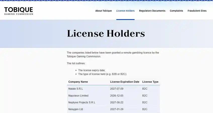 Tobique Gaming Commission licence-holder register entry for Neptune Projects S.R.L.