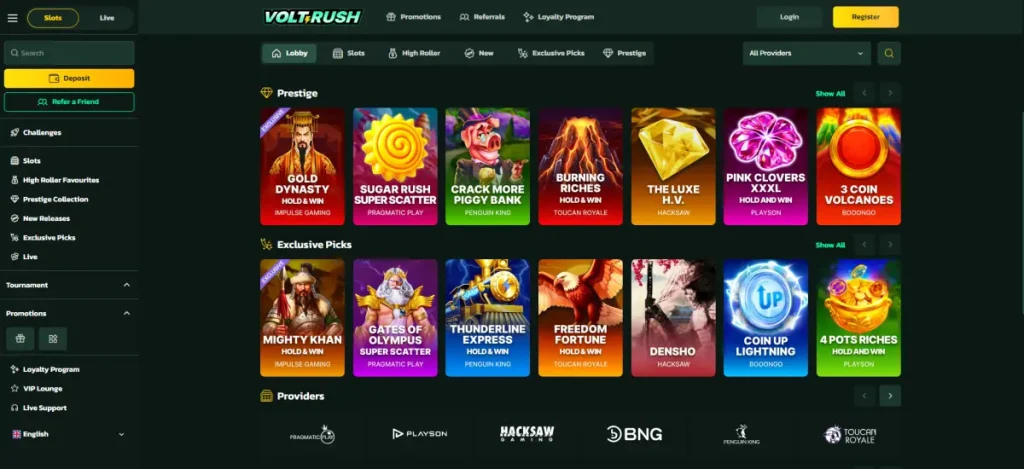 VoltRush Australia casino game lobby with categories and providers