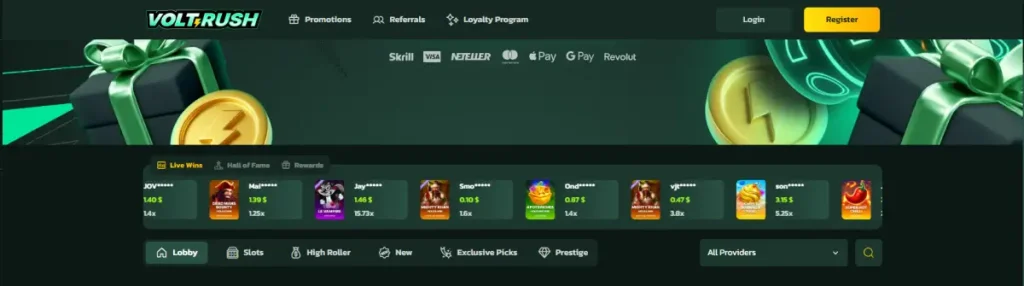 VoltRush live casino lobby showing real live dealer tables