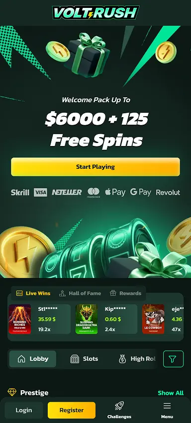 VoltRush mobile casino interface in a phone browser