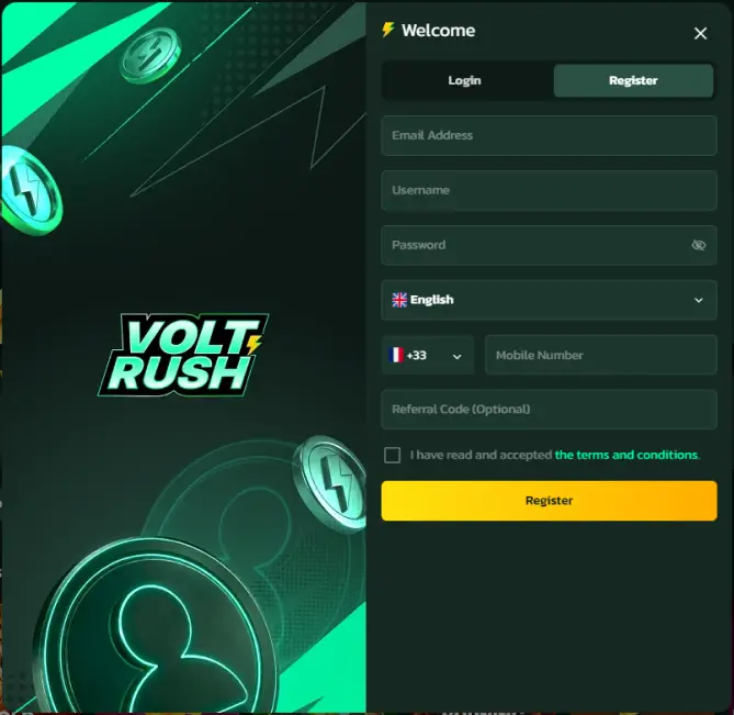 VoltRush registration interface