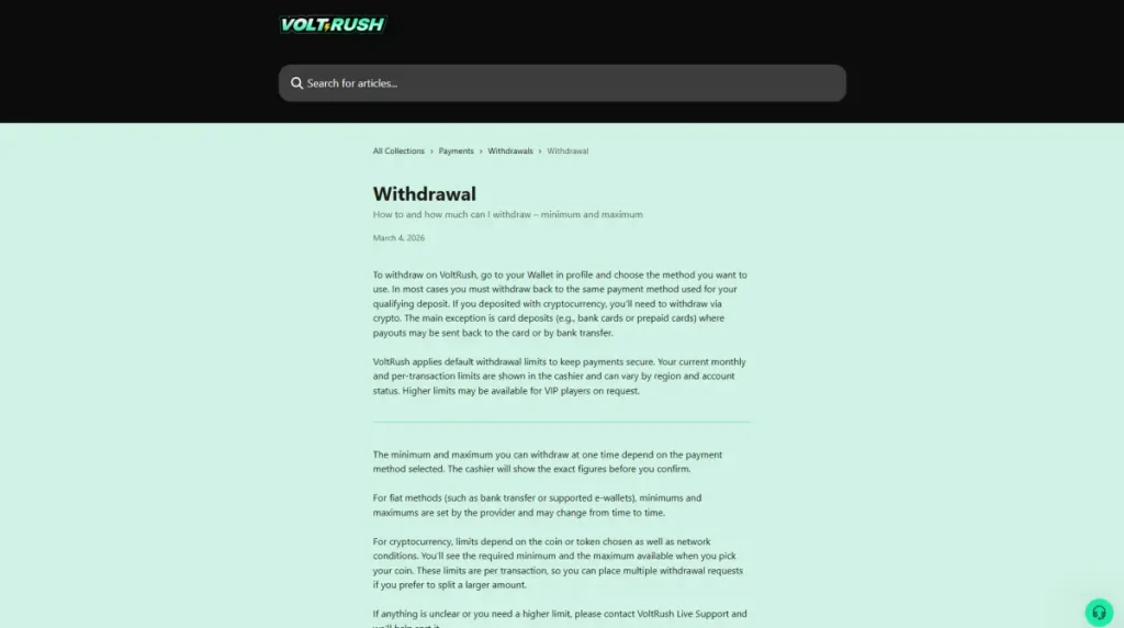 VoltRush withdrawal help or cashier screen